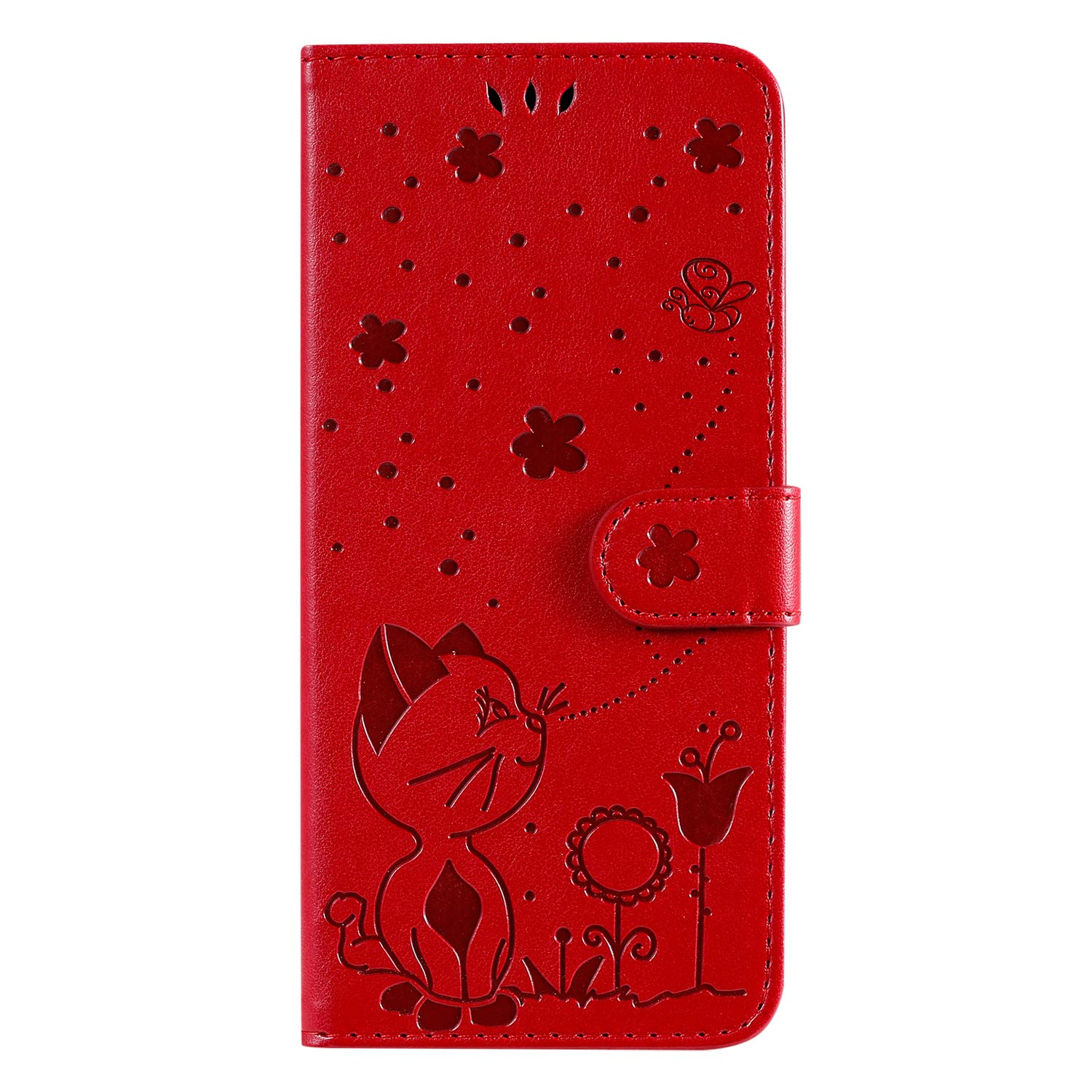 Nokia 2.4 Case, Nokia 2.4 Cover, Cute Cat & Bee Embossed Shockproof PU Leather Flip Wallet Cover with Magnetic Closure Stand Card Slots Silicone Bumper Protective Phone Case for Nokia 2.4, Red