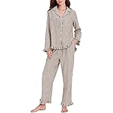 Flygo Womens Striped Pajama Sets 2 Piece Cotton Lounge Sets Button Down Top Straight Leg Pants with Pockets Y2K Pjs Sleepwear