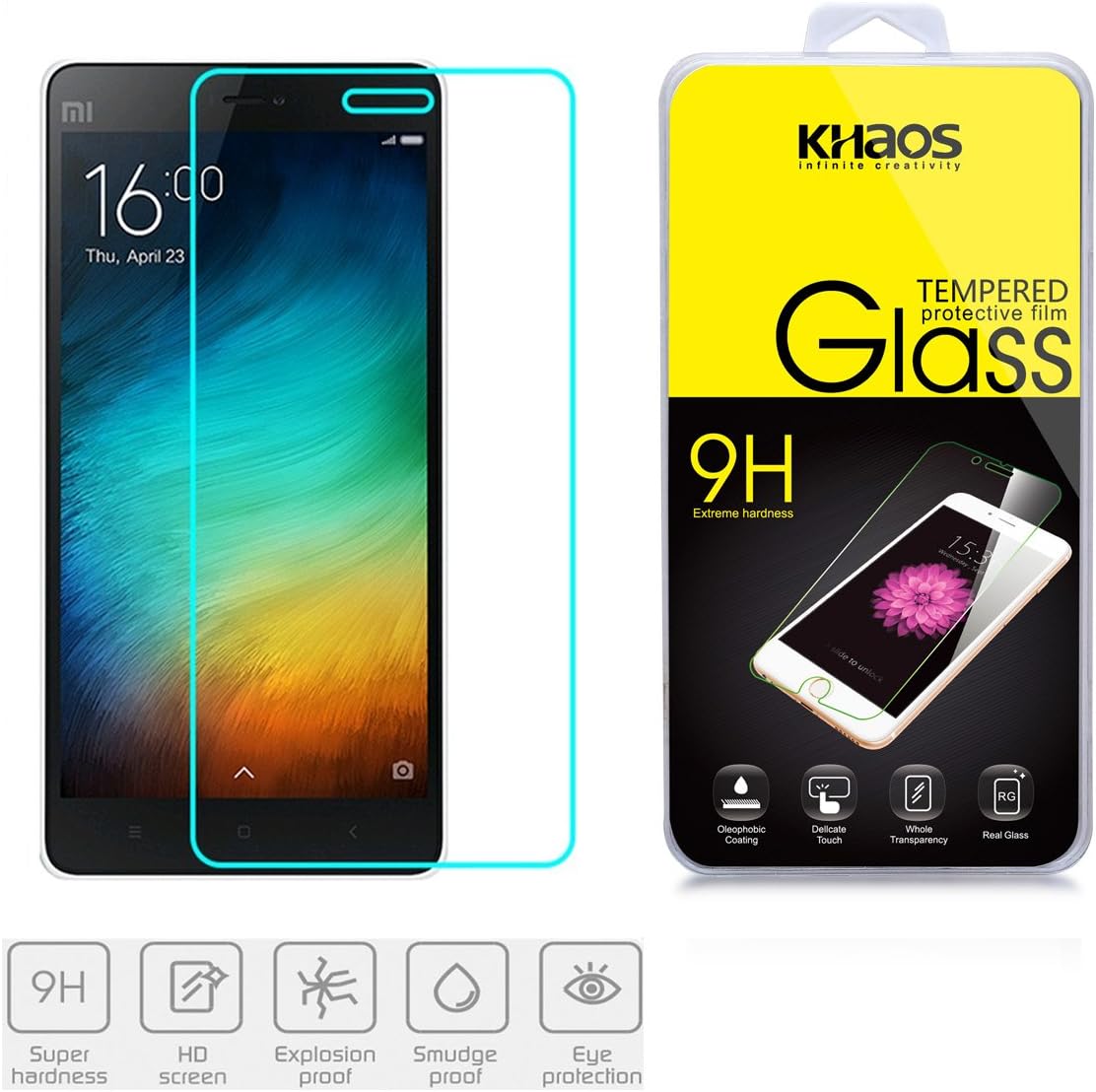 Xiaomi Mi4i Mi 4i Screen Protector, KHAOS 0.33mm Tempered Ballistics Glass Xiaomi Mi4i Mi 4i Maximum Screen Protection from Bumps, Drops, Scrapes and Marks