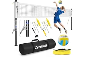 Portable Volleyball Net for Backyard: Patiassy Heavy Duty Professional Outdoor Set with Adjustable Aluminum Poles Winch System Steel Stakes Anti-Sag Design Pump and 1680D Carry Bag for Beach Grass