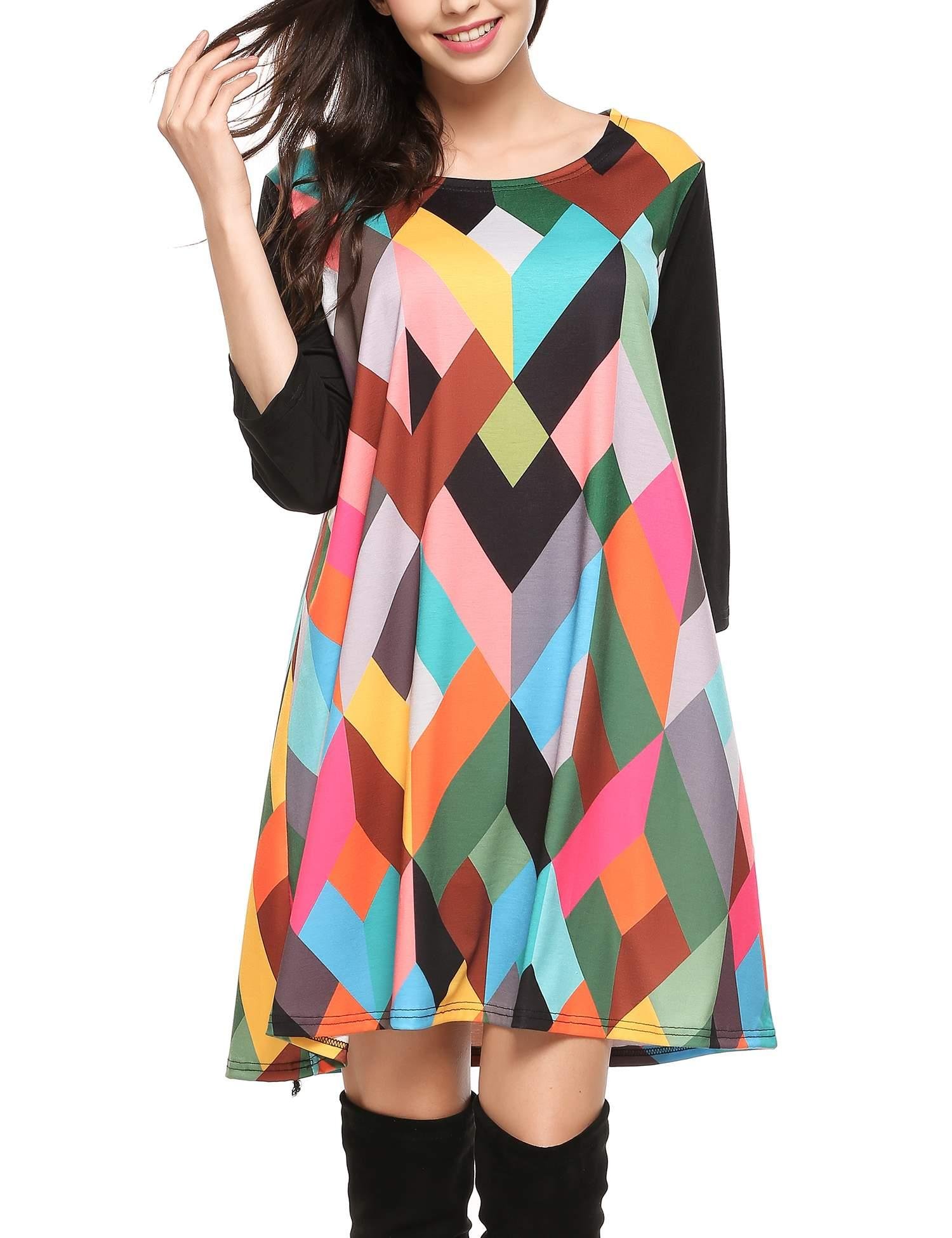 Zeagoo Women\'s Geometric Prints Loose Casual Summer Fall Tunic Top Dress Black XXL