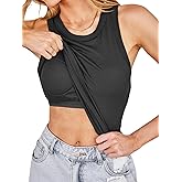 CUPSHE Tank Tops for Women Built-in Bra Sleeveless Padded Ribbed Fitted Top Casual Shirts Basic Cami Tops Vacation Outfits Black S