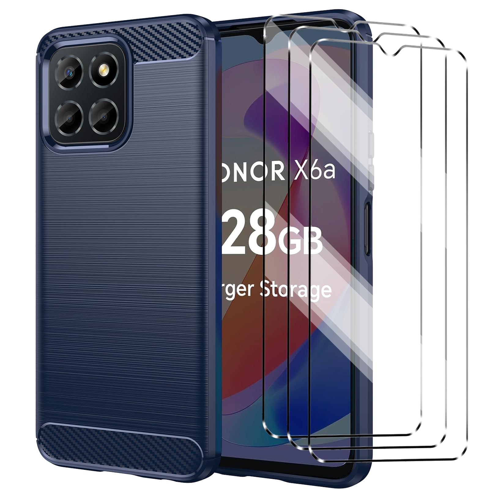 Case Compatible with Honor X6A Cover with 3 Pack Tempered Glass Screen Protector for Honor X6A, Slim Fit Soft TPU Shockproof Anti-Scratch Phone Case Cover - Navy