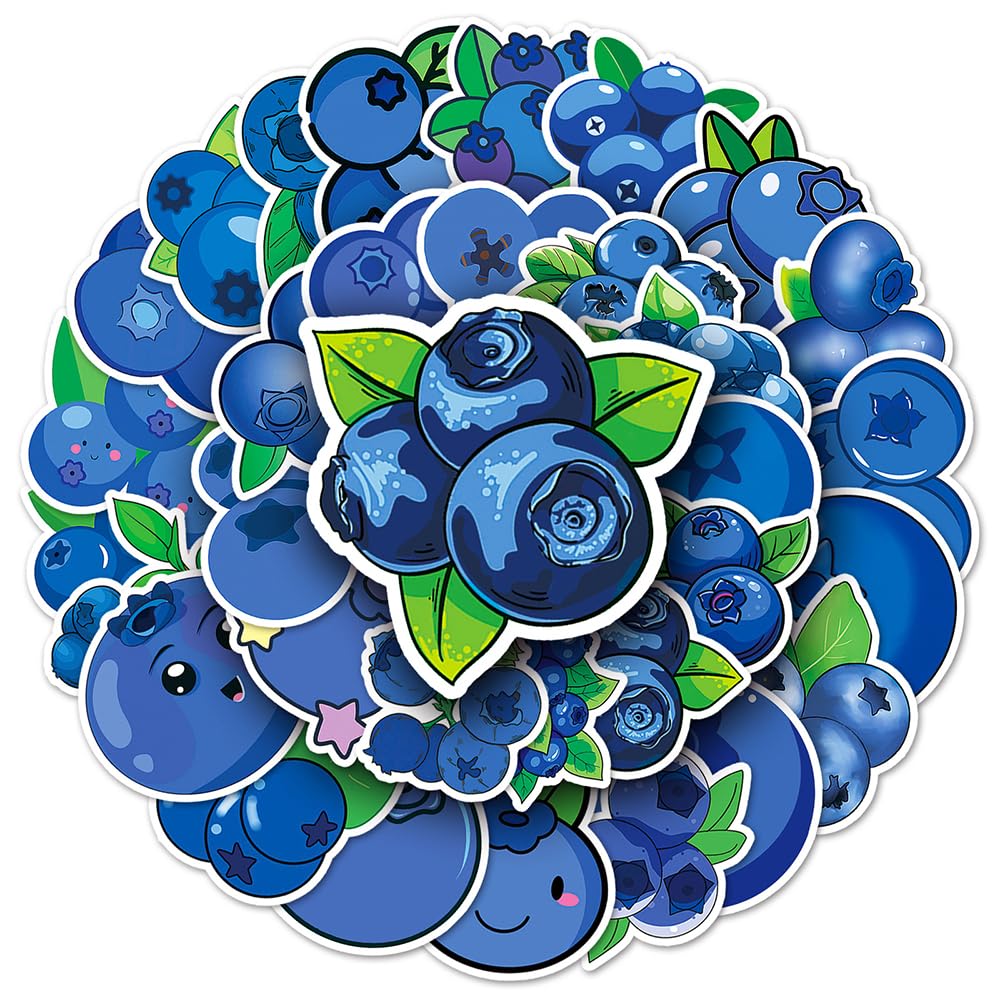 Blue Blueberry Vinyl Stickers, 50 PCS Waterproof Cartoon Blueberry Decals for Laptops, Scrapbooking, Journals, Notebooks, Water Bottles, Suitcases, Phones & DIY Decor