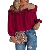 evnanic Womens Casual Off Shoulder Tops Long Sleeve Ruffle Flowy Chiffon Blouses Shirts