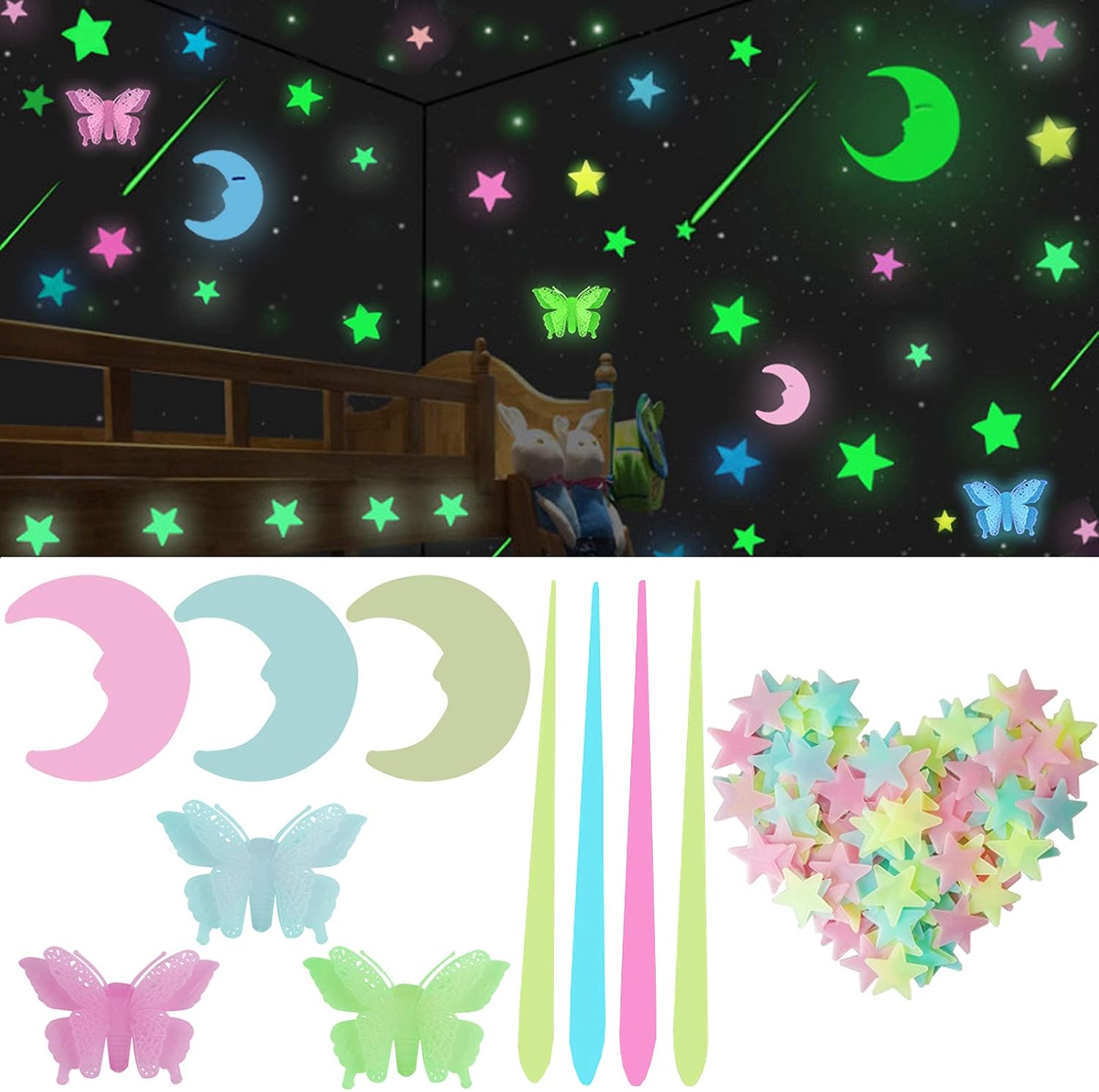 Amazon Diyウォールステッカー 310枚セット蛍光 蓄光るシール 星夜の空 流星 月 バタフライ クリスマス 夜光ステッカー 壁紙 部屋におしゃれ インテリア 子供部屋 飾り ウォールステッカー オンライン通販