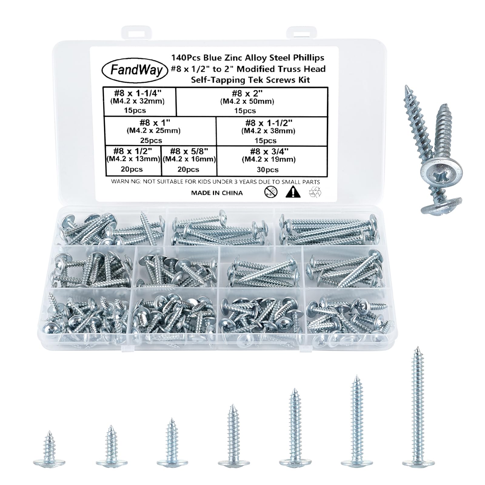 FandWay 140Pcs Wafer Head Self Tapping Screws,M4.2x13~50mm Wood Screws Kit,Modified Truss Head Self Drilling Screw,Carbon Steel Sheet Metal Screw Zinc Coated for Aluminum WoodWork Plastics.