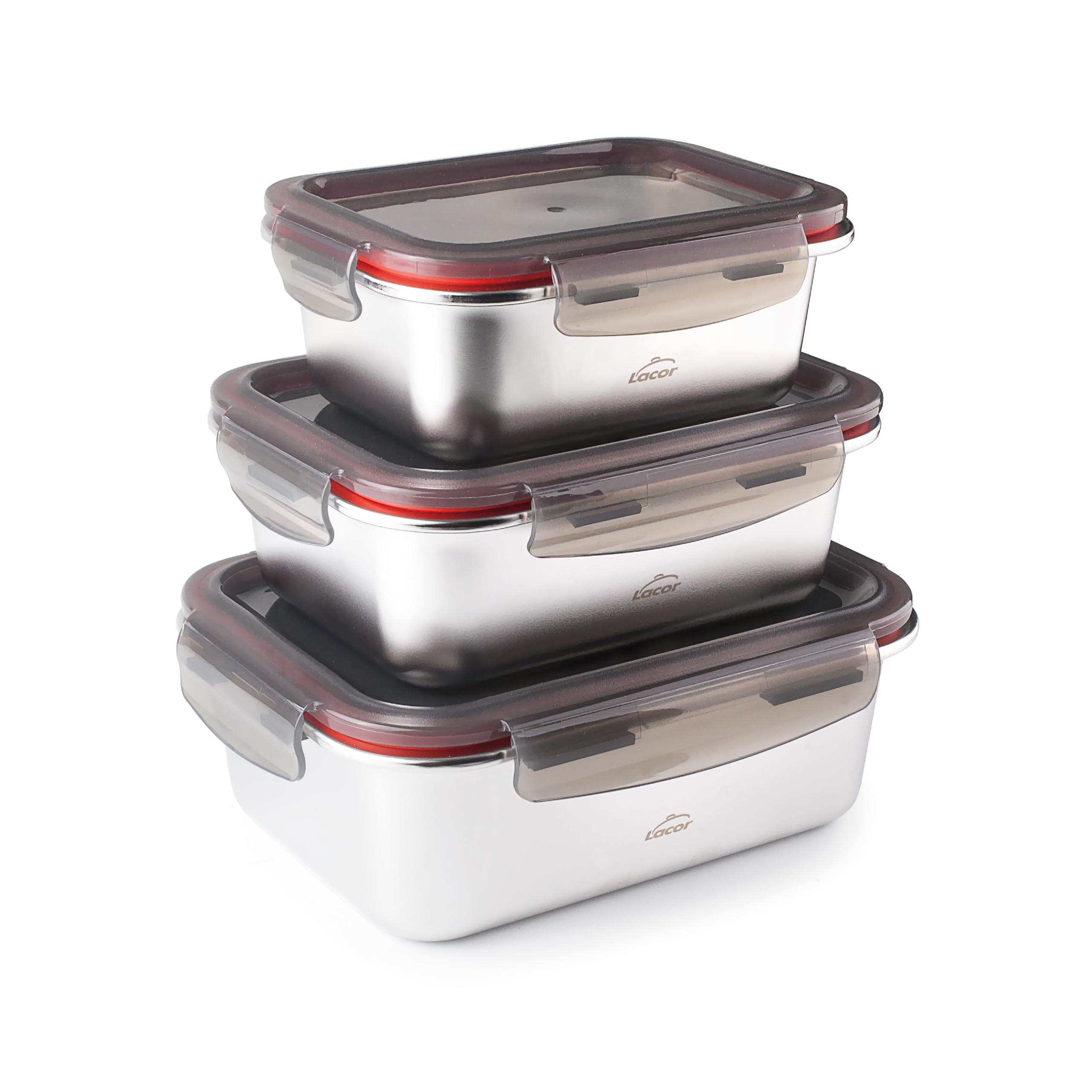 LACOR 64617 - Set mit 3 Behältern für Lebensmittel, Ecoinox, Edelstahl 18/10, 800/1200/1800 ml, geeignet für Mikrowelle, Backofen, Gefrierschrank und Spülmaschine, luftdicht, BPA-frei