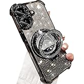 Changjia Glitter Liquid Kickstand Case for iPhone 16 Plus,Cute Luxury Bling Sparkle with Camera Protector Flowing Ring Stand Plating Bumper Shockproof Women Girls Case for iPhone 16 Plus 6.7" (Black)