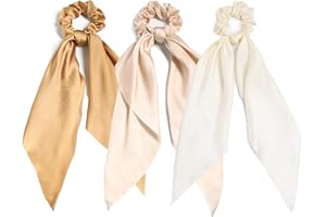 LFOUVRE 3PCS Hair Scarf Scruncheis for Women Knotted Bow Hair Ties Elastic Bands Satin Hair Ribbon Scrunchy Red Ponytail Holder for Women and Girls (Camel Apricot Ivory)