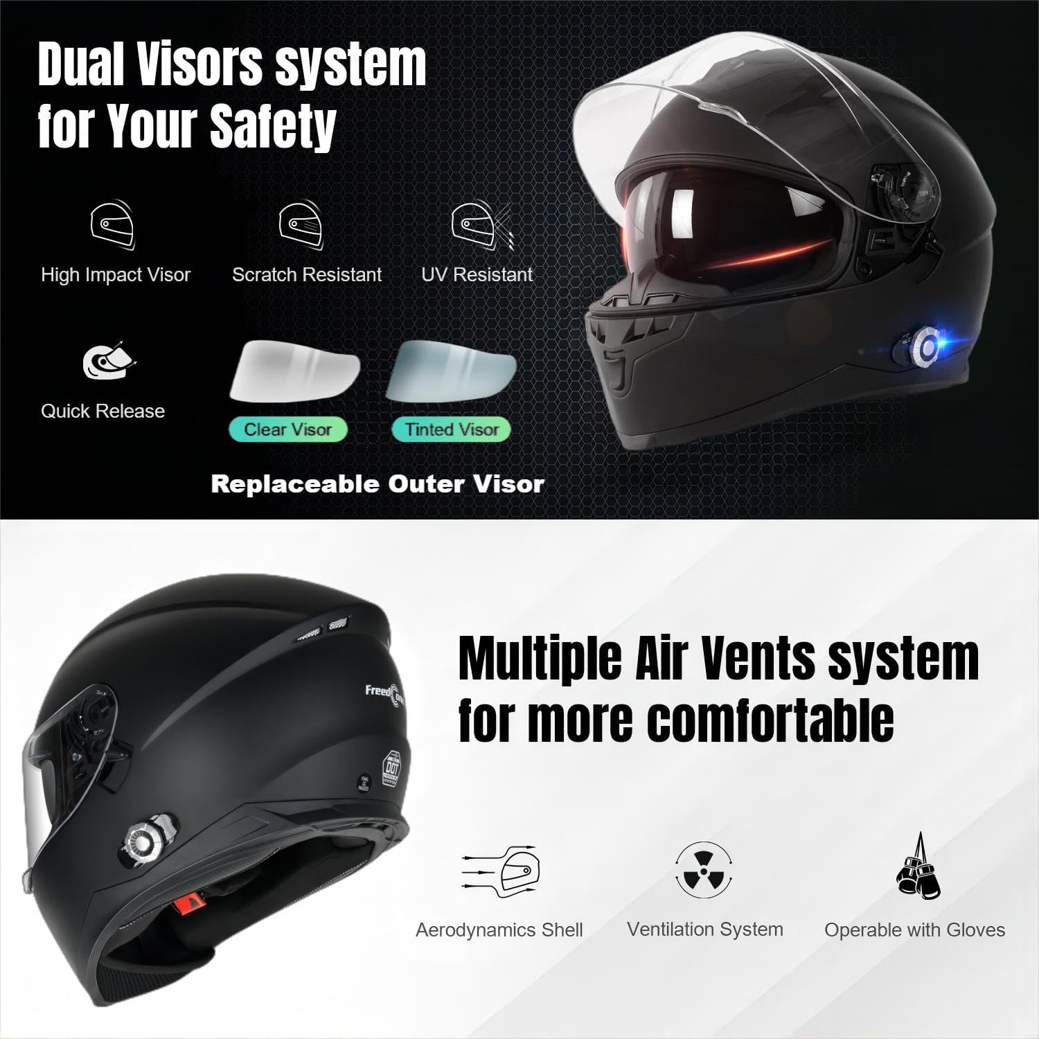 Bluetooth Motorcycle Helmet FreedConn BM12 DOT Full Face Bluetooth Helmets Motorcycle Dual Visor Helmet with Integrated Intercom System/ 2~3 Riders Pair/ 500M/ FM/ MP3/ Voice Dial (Matte Black, XXL)
