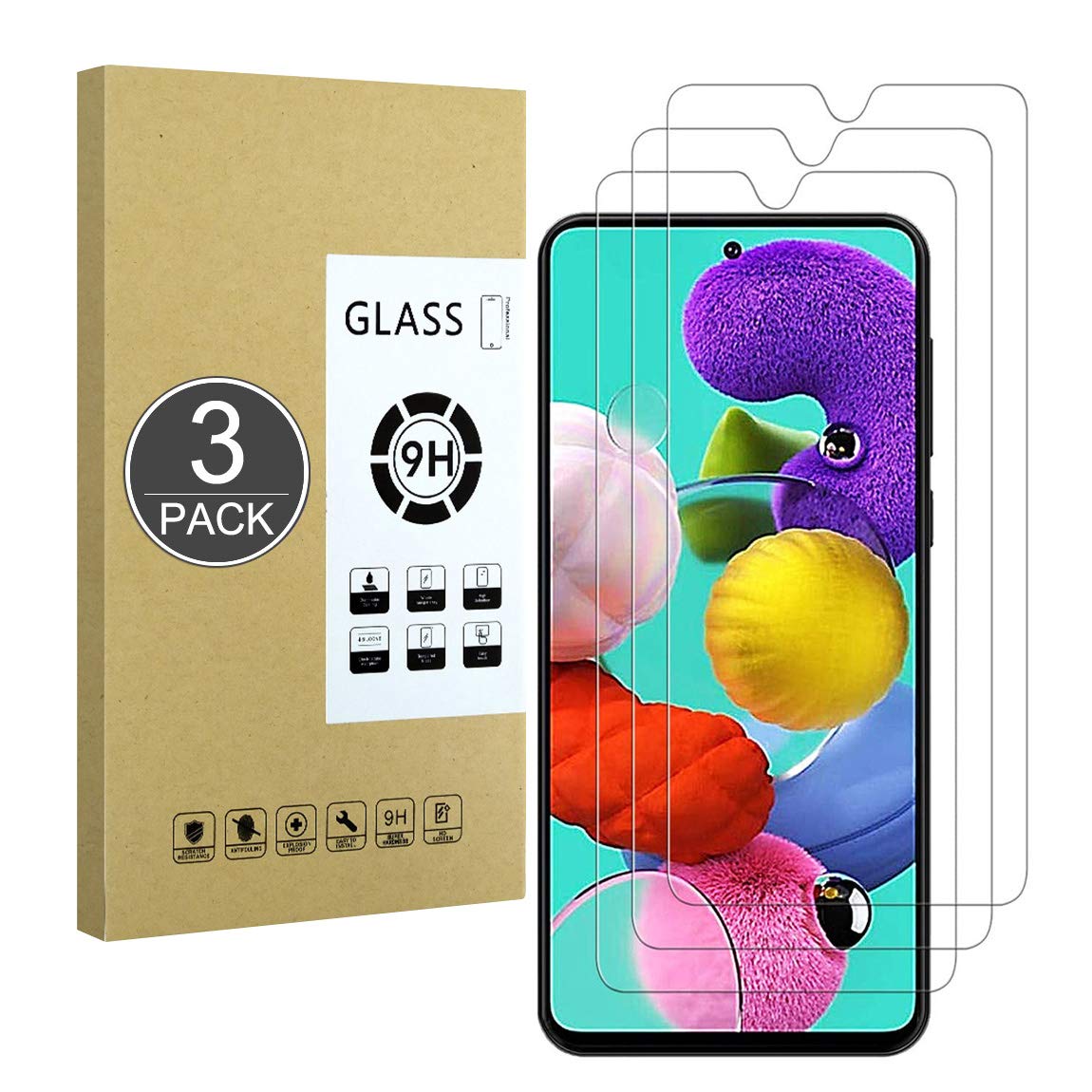 E-Hamii [3 Pack 9H Tempered Shatterproof Glass Compatible with Galaxy A51,[HD Crystal Clear] 0.33mm Screen Protector for Galaxy A51