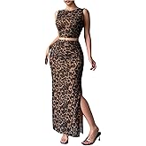 GORGLITTER Women's Going Out Outfits 2 Piece Leopard Skirt Sets Crewneck Crop Tank Top and Ruched Bodycon Maxi Skirt