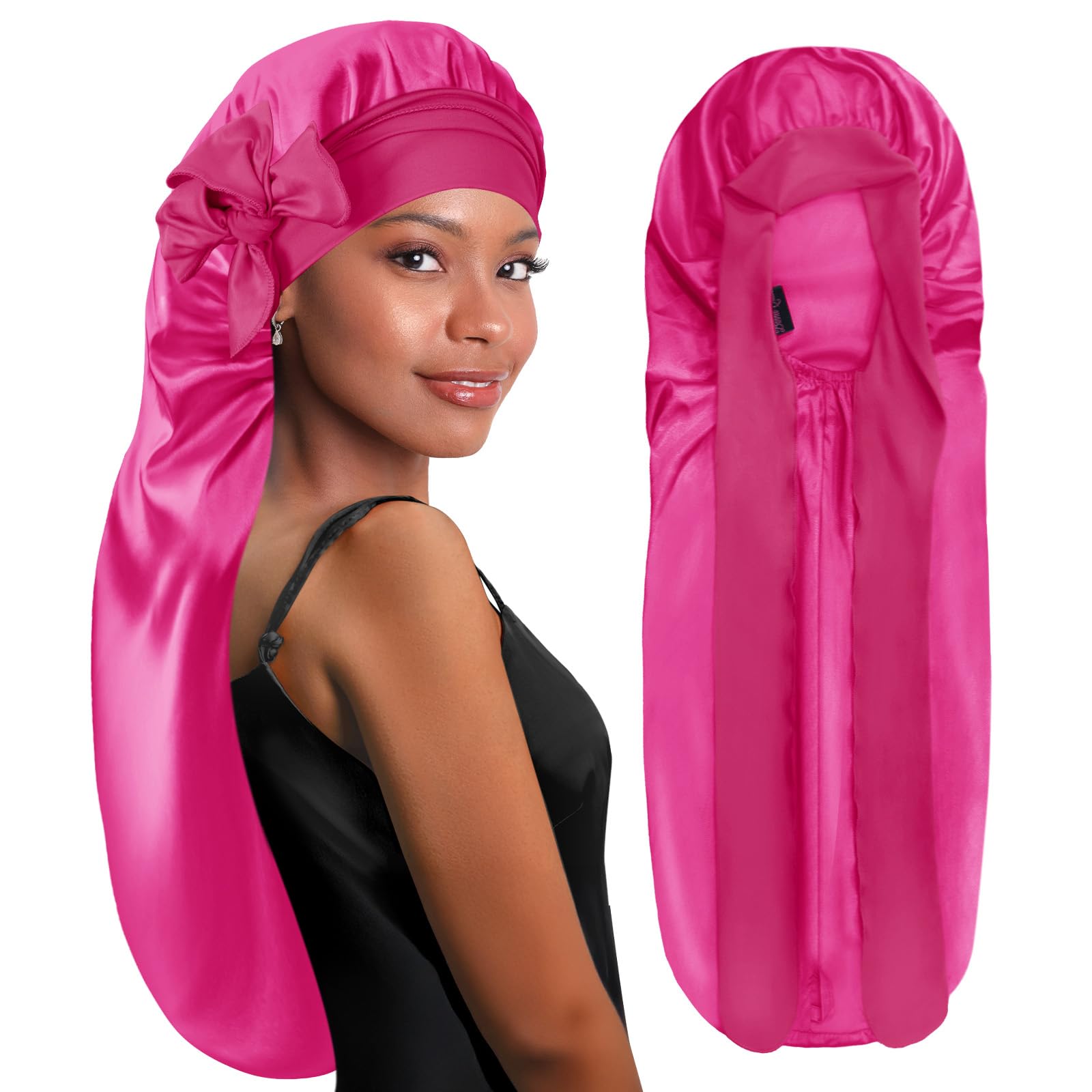 BONNET QUEEN Silk Bonnet for Sleeping Long Hair & Braids Extensions Hair, Satin Long Bonnet for Women, Adjustable Silk Scarf Night Cap with Tie Band, Hot Pink