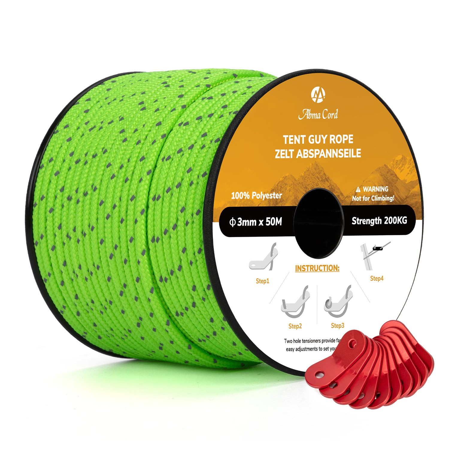 Abma Cord Tent Guy Ropes 3mm 50M Guy Line 10 Pcs Guy Rope Tensioners Heavy Duty Guide Rope for Camping, Gazebos, Awning, Tarp - Reflective Neon Green