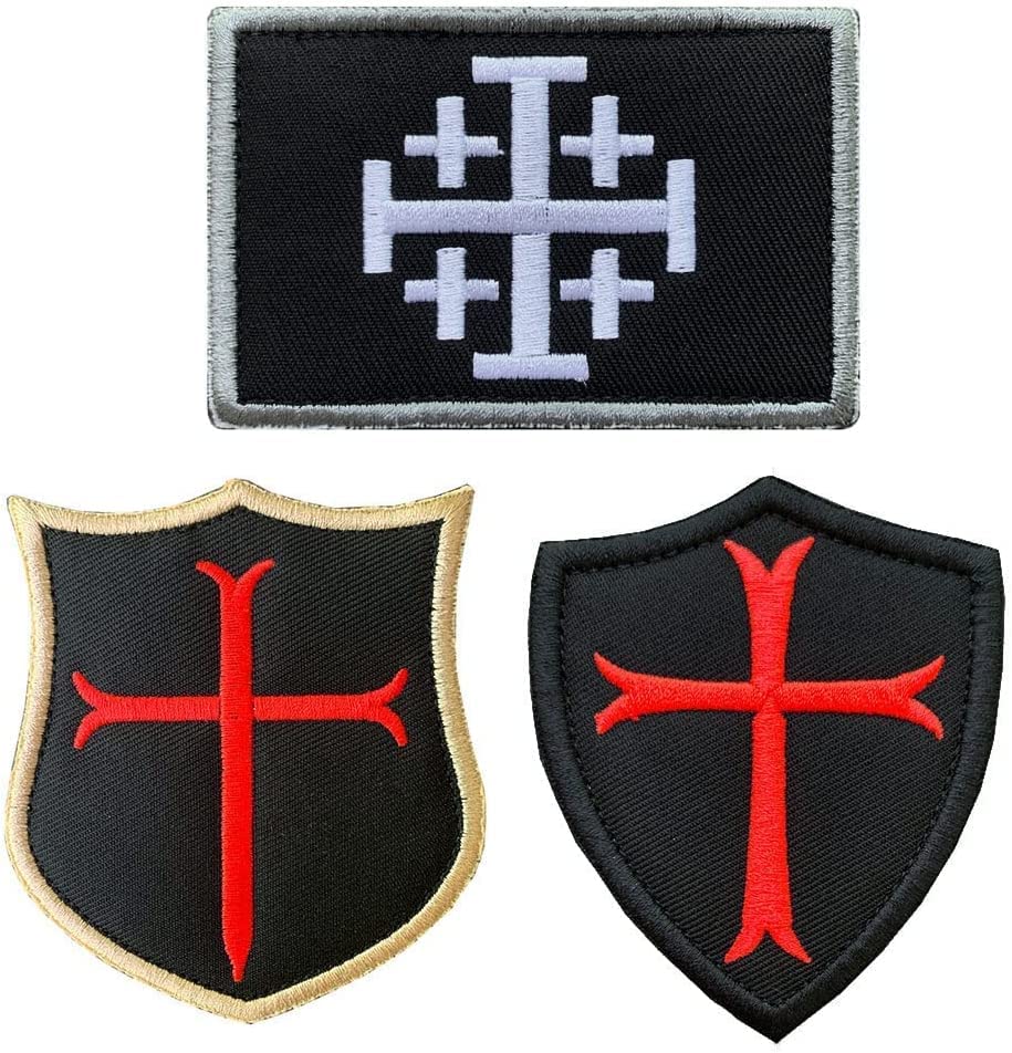 3 Pack Crusader Knights Warrior Patch Templar Crusader Shield Shoulder Logo Applique Military Morale Embroidered Fastener Hook & Loop Emblem Patch for Jackets,Backpacks,Clothes,Vest,Military
