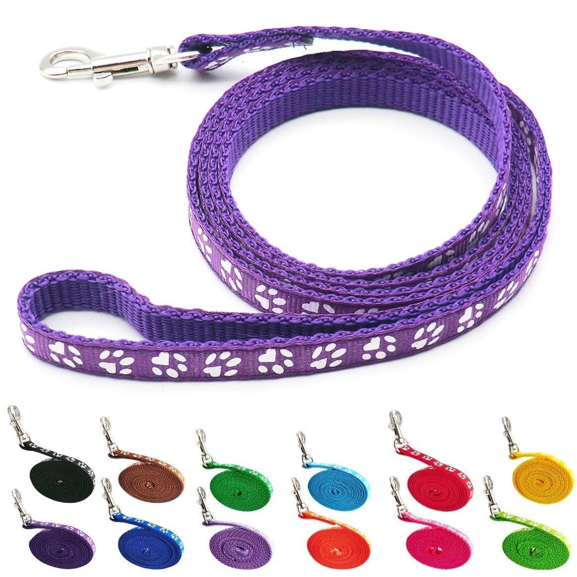 Small Dog Puppy Pet Cat Kitten Lead Pawprint Design Lightweight Nylon Metal Clip 120cm Leash Purple