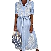SOMTHRON Women's Embroidered Eyelet Shirt Dress Belted Puff Shirt Sleeve Button Down Boho Lace Swing Maxi Long Dress
