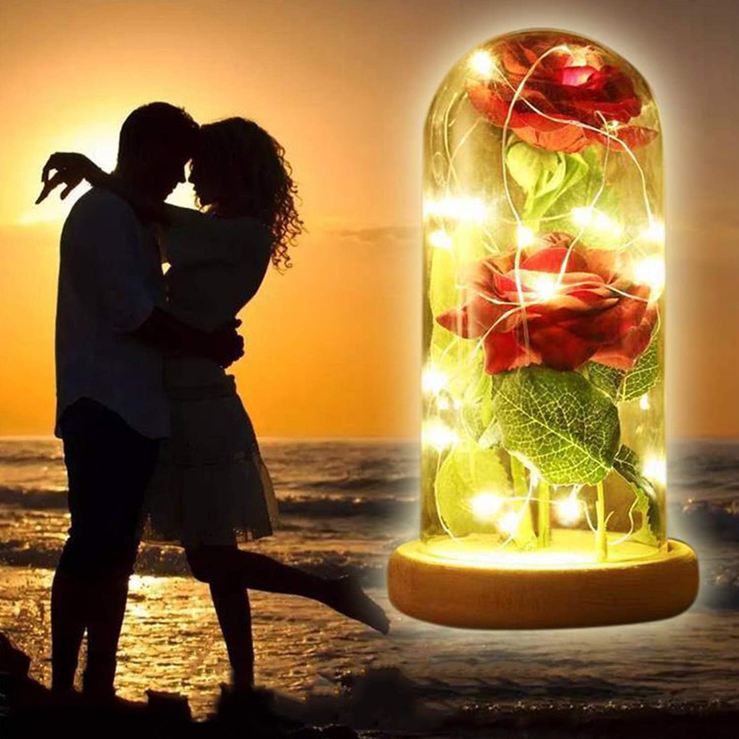 EFGS Rose Kit, Red Silk Rose and LED Light with Fallen Petals in Glass Dome on Wooden Base for Home Decor Holiday Party Wedding Anniversary Valentine's Gifts