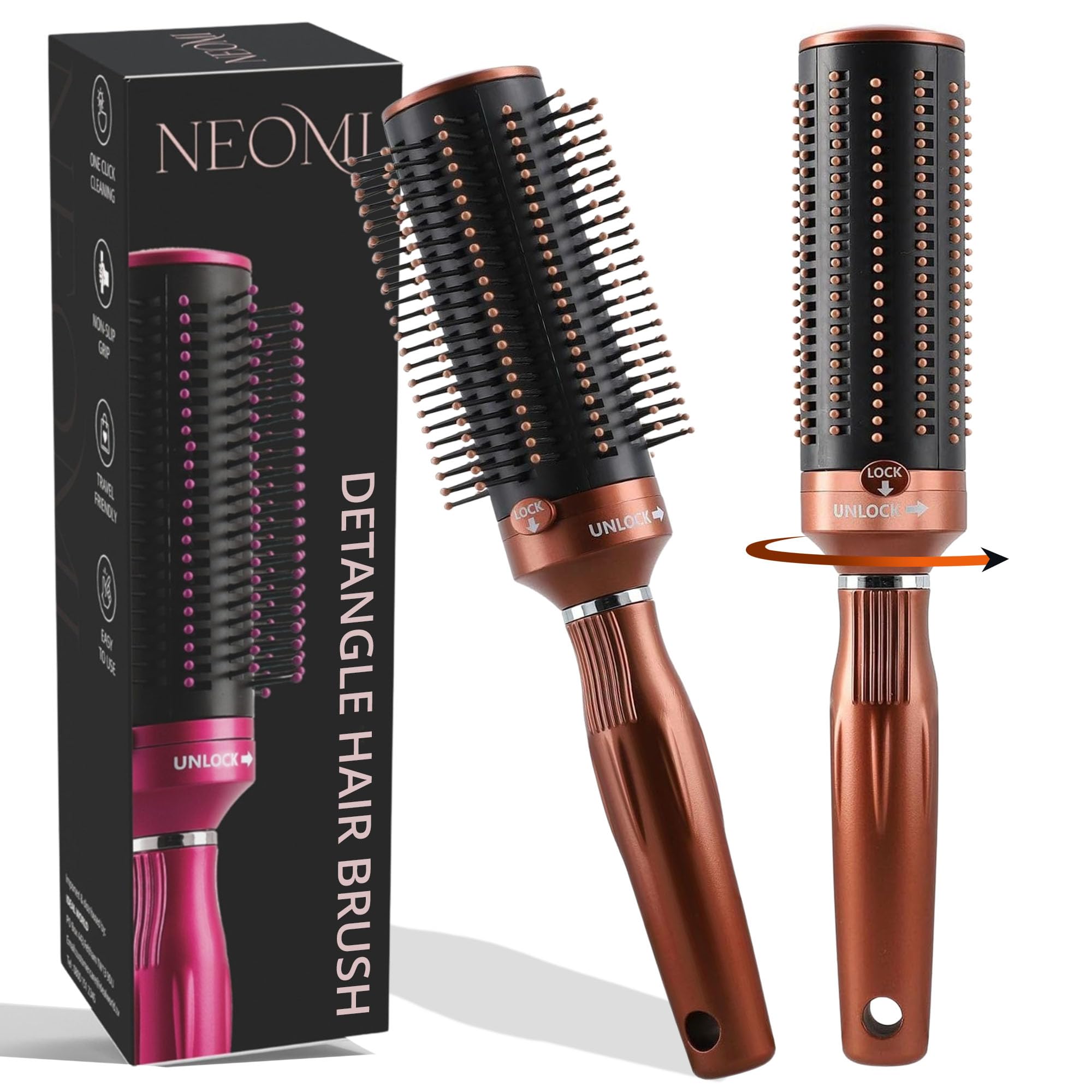 TJC Retractable Detangle Hair Brush for Curly, Straight & Wet Hair - Detangling Round Hairbrush for Blow Dry - Soft Bristle for Long, Thick & Curly Hair - Easy Clean Travel Brush - Brown