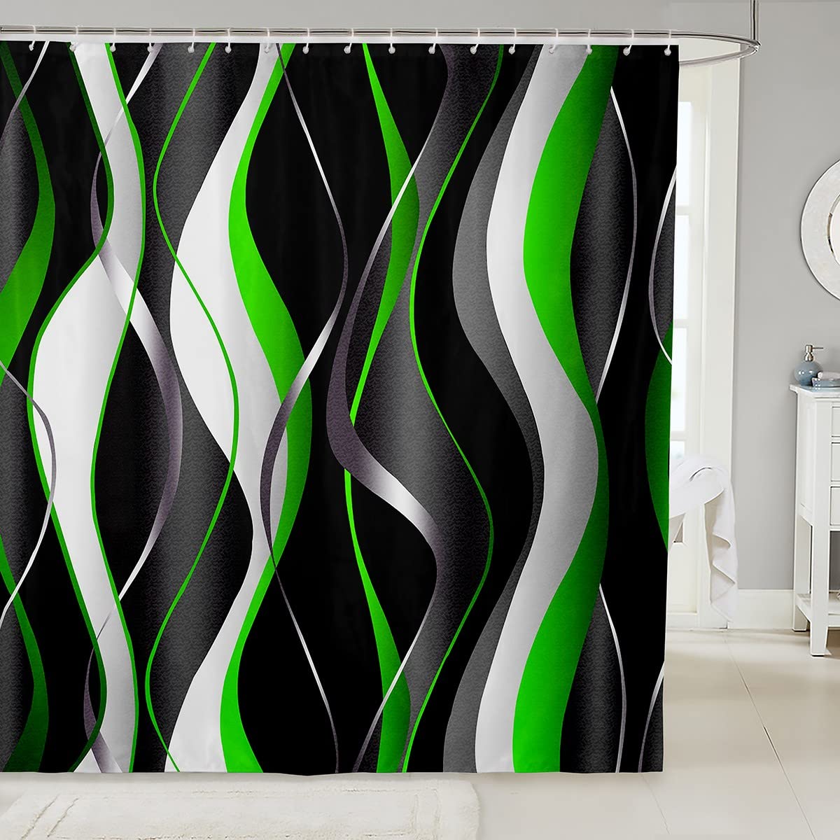 Green Grey Black Shower Curtain Geometric Spiral Fabric Shower Curtains for Kids Boys Girls Abstract Art Bathroom Waterproof Accessories with 12 Hooks Modern Luxury Curtains,72x72 Inch — image 1