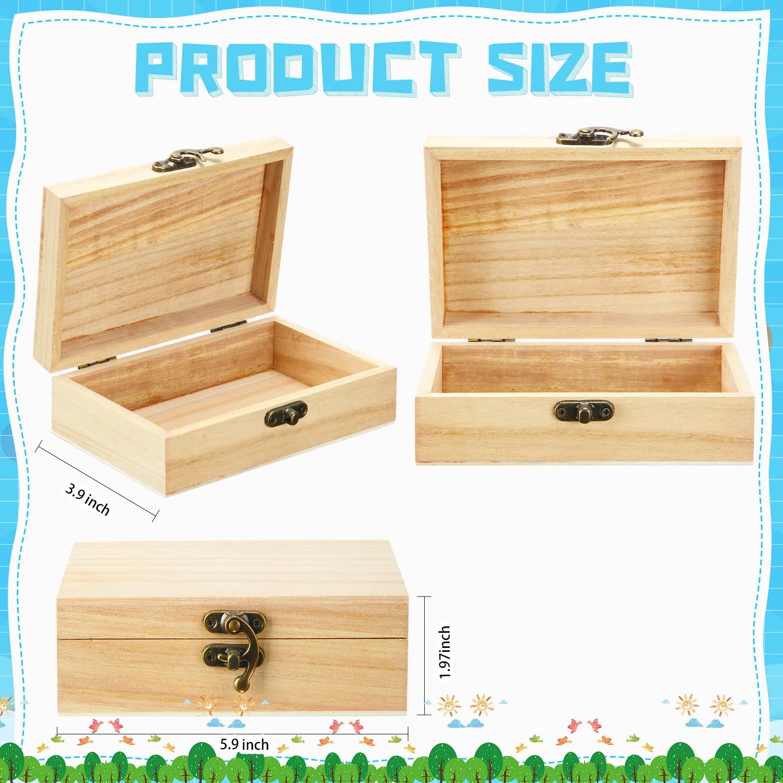 Unfinished Wooden Box with Hinged Lid Wood Small Craft Unpainted Box Jewelry Keepsake Rectangle Box Treasure Gift Storage Box for DIY Craft Home Storage Art Project, 6 x 4 x 2 Inch(18)