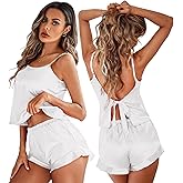 Ekouaer Satin Backless Ruffle Pajamas Silk Bow Ties Lingerie Set Wedding Bridal Party Sleepwear for Women