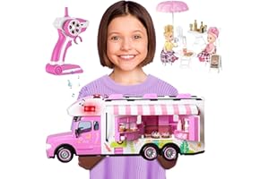 Carox Remote Control Car for Girls Food Truck Toy Playset,Pink Remote Control Food Truck with Food Set, Dolls and Tableware Set,Best Gift for 4-9 Years Old Girls, Birthday (Rose red)
