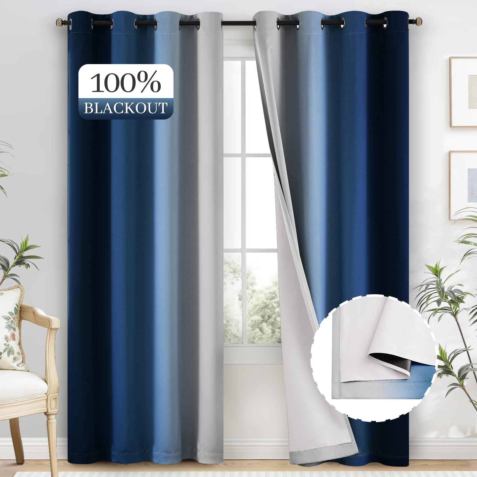Yakamok 100% Blackout Curtains 84 Inch Length 2 Layers,Blue Curtains for Bedroom Ombre Room Darkening Grommet Gradient Drapes, Light Blocking Thermal Insulated Window Curtains for Living Room Image