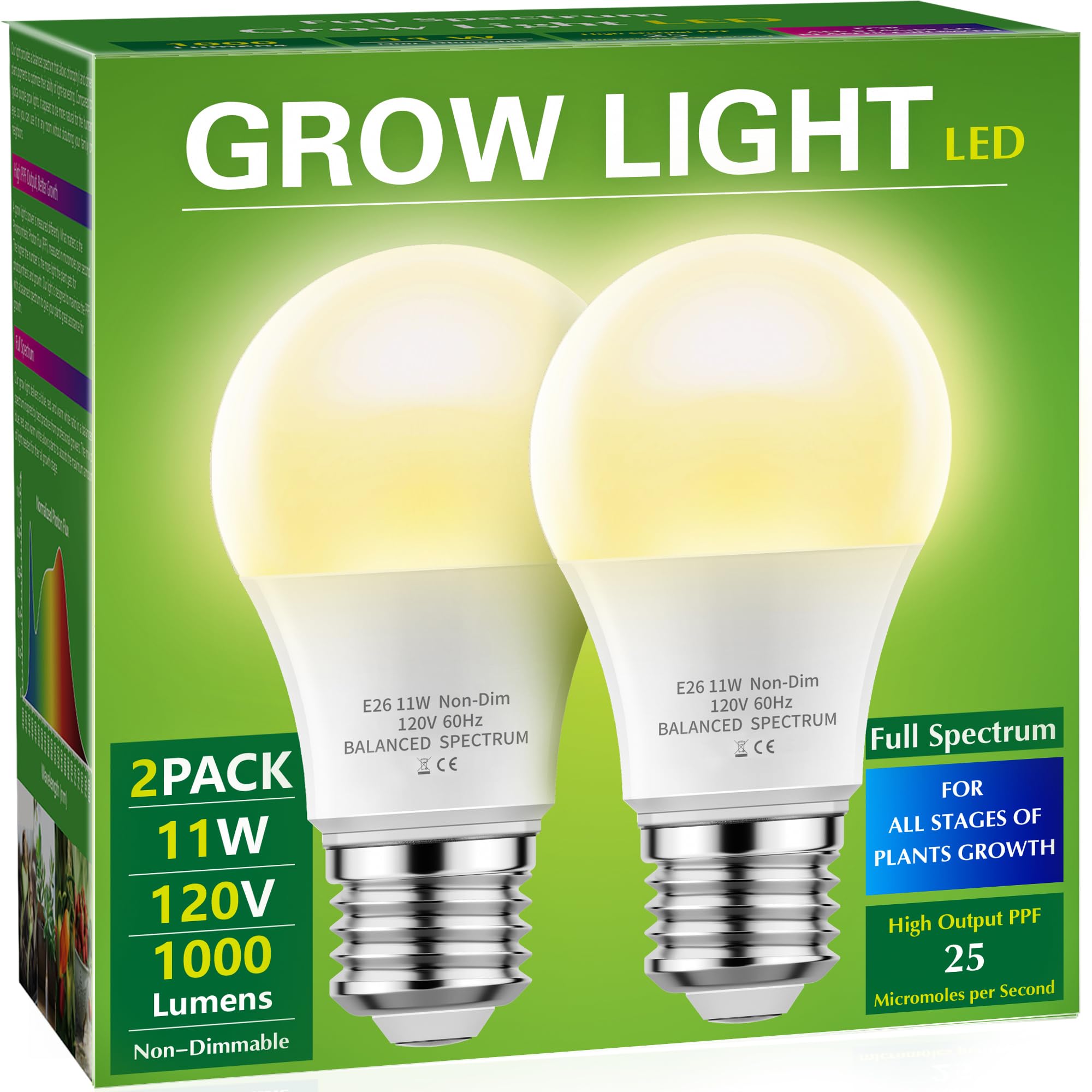 Photo 1 of Grow Light Bulbs, Briignite LED Grow Light Bulb A19 Bulb, Full Spectrum Grow Light Bulb, Plant Light Bulbs E26 Base, 11W Grow Bulb 100W Equivalent, Grow Light for Indoor Plants, Seed Starting, 2Pack