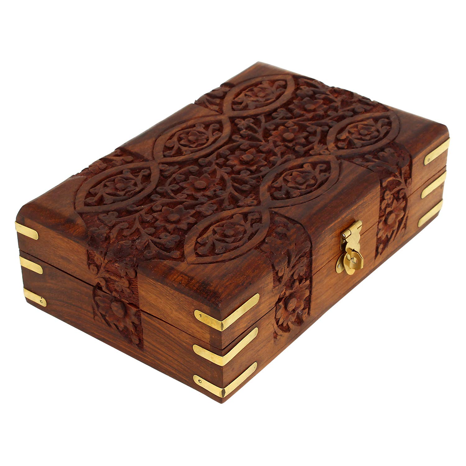 Ajuny Hand Carved Wooden Decorative Floral Carvings Multipurpose Storage Organiser Keepsake Jewellery Box 20x12.5x6.5 CM