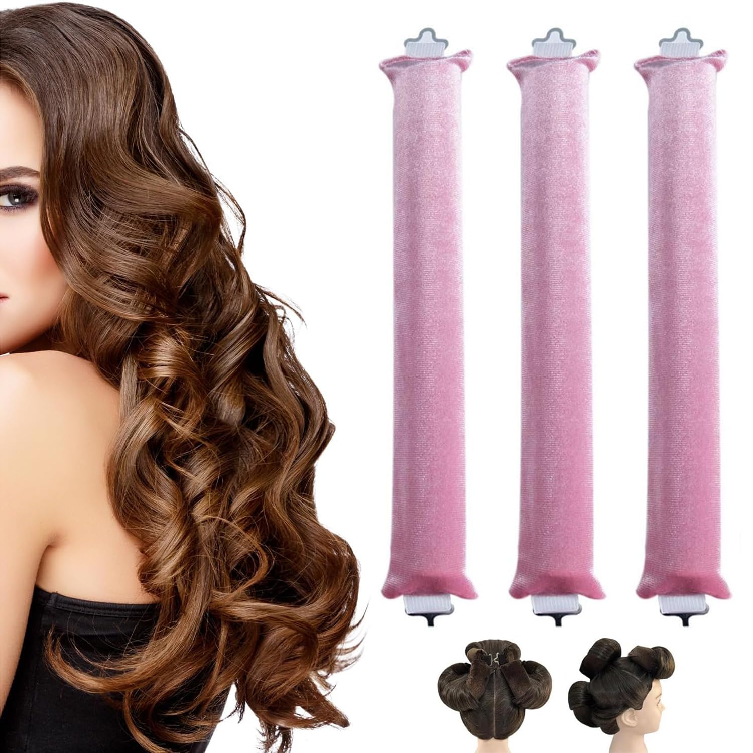 3PCS Heatless Curlers, No Heat Overnight Curls for Long Hair,Sleeping Lazy Curler Set for All Types Women Long Hair Styling Tools (Pink, One size)