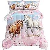 HOSIMA Galloping Brown White Horse Full Size Comforter Set Pink Cherry Blossom Bedding 3Pcs,Animal Toddler Bed Comforter Sets for Girls Boys Farmhouse Comforter Kids Room Decor Aesthetic.