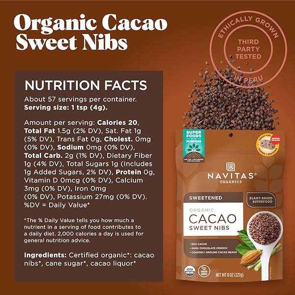 NAVITAS ORGANICS CACAO SWEET NIBS 8OZ. BAG, 56 SERVINGS — ORGANIC, NON-GMO, GLUTEN-FREE