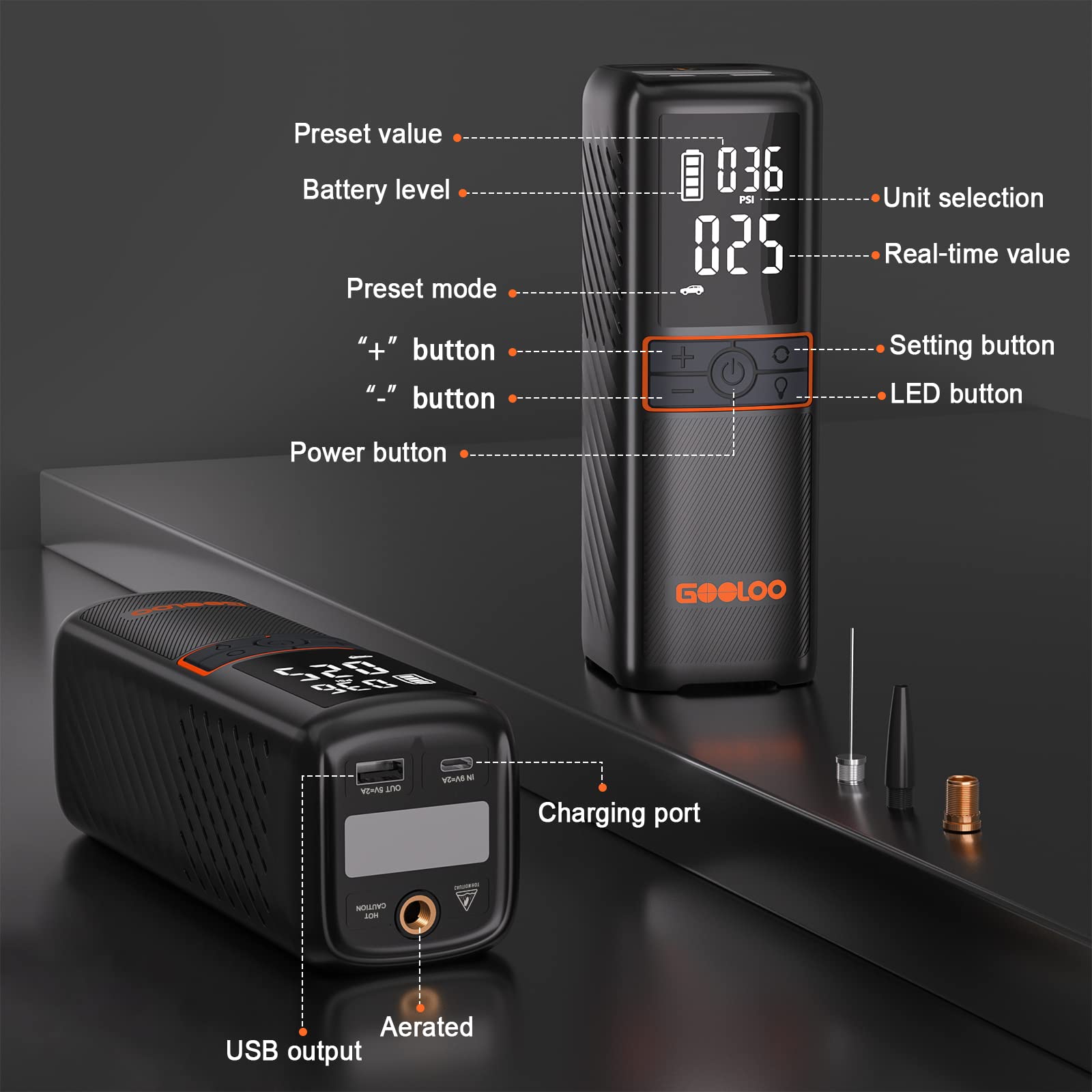 GOOLOO GT160 Tire Inflator Portable Air Compressor, 160PSI Portable Air Pump for Car Tires, 7500mAh Cordless Air Pump with Digital Pressure Suitable for Cars, Bikes, Balls, Motorcycles