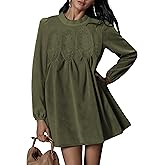 Athlisan Women's 2025 Fall Mini Dress Long Sleeve Faux Suede Lace Patchwork Babydoll A-Line Swing Dress with Pockets