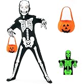 FAYBOX Skeleton Costume Glow in The Dark for Kids Toddler, Halloween Fortnite Onesie for Boy Girls with Pumpkin Candy Bag