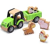 SainSmart Jr. Wooden Tractor Toys for Toddlers 1-3, Farm Tractor Toy with Detachable Trailer &amp; 4 Animals | Solid Wood Construction, Hand Push Car Toys for 1 2 3 Year Old Boys Girls (Green)