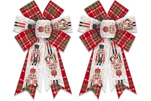 ON-AIRSTORE 2 Pack Christmas Wreath Bows, Christmas Nutcracker Plaids Burlap Linen Bows for Wreath, Medium Tree Topper Ribbon Bow for New Year Home Indoor Outdoor Xmas Party Decoration Wreath Ornament Supplies