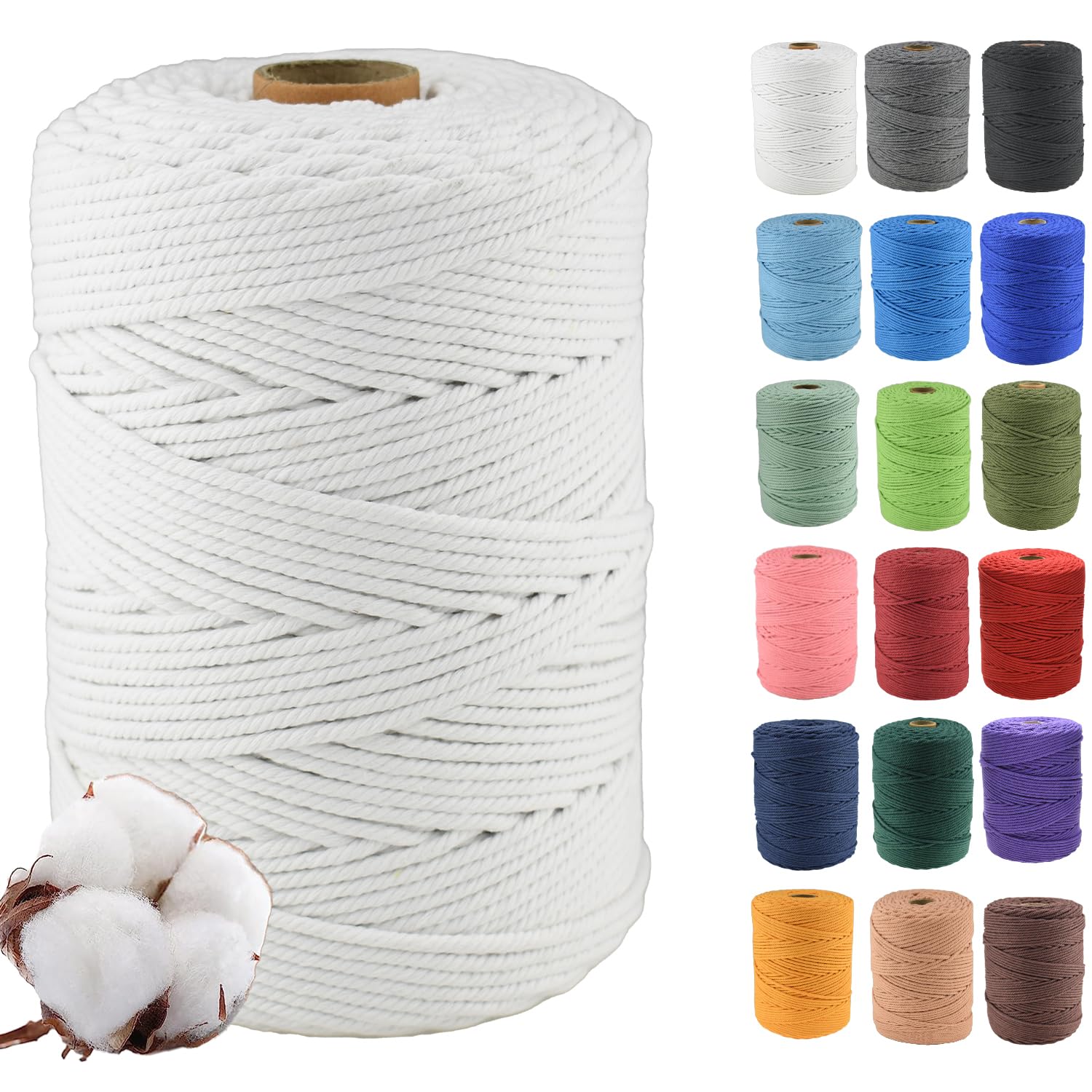 Klhamky 3mm×500m Macrame Cotton Cord, Soft 4 Strand Twisted 100% Natural Cotton for Handmade Wall Hanging, DIY, Craft Making, Knitting, Plant Hangers, Decorative Projects (3mm×500m, White) — image 1