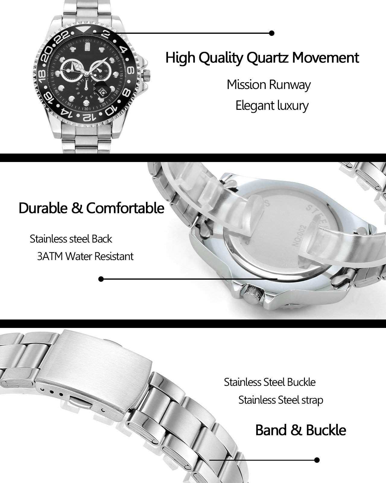 Top Plaza Men\'s Fashion Casual Full Steel Sports Watch 30M Waterproof Arabic Numerals Classic Business Second Hand Calendar Analog Quartz Wrist Watch(Black Dial Silver Band)