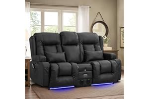 SENIFIS Power Loveseat Recliner, PU Leather Home Theater Seating with Massage & Heating, 2 Seater Recliner Sofa Chair for Living Room with Storage Console, Bluetooth, LED Light, Outlet (Black)