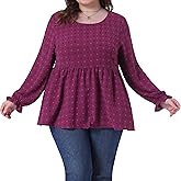 Agnes Orinda Plus Size Tops for Women Babydoll Round Neck Long Sleeve Tiered Swiss Dots Blouses