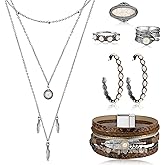 Ecally Bohemian Western Jewelry Turquoise Set Women Country Pendant Long Choker Layered Bracelets Earrings Ring for Women