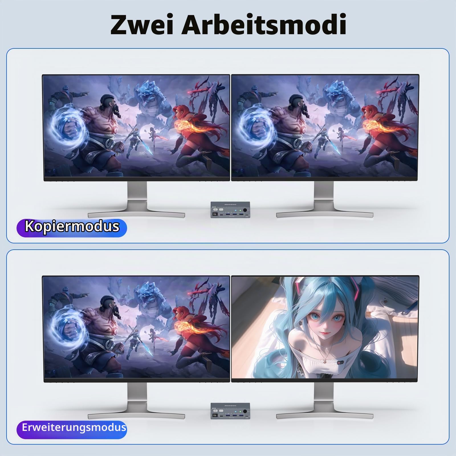 Displayport KVM Switch 2 Computers 2 Monitore, 8K@60Hz/4K@240Hz Dual Monitore KVM Switch with 4 USB3.0 Ports, USB Kabeln und Netzteil, ideal für Homeoffice und Gaming 3