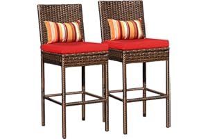 Sundale Outdoor Patio Stools & Bar Chairs Armless, Outdoor Bar Stools Set of 2, 2 Piece Wicker Chairs Bar Chairs with Pillow & Red Cushion, All-Weather Patio Furniture - Steel, Brown