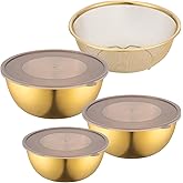 CODOHI Gold Mixing Bowls with Airtight Lids Stainless Steel Mixing Bowl Set of 3 Metal Nesting Organizers and 1 Colander Non-slip Bottom for Baking Serving Food Size 2.22, 1.27,0.74 QT, Stackable