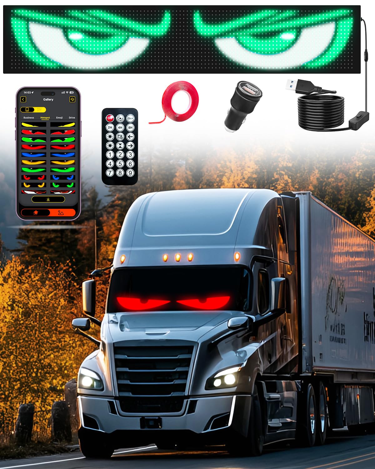 Photo 1 of ***COVER PHOTO FOR REFERENCE ONLY*** Devil Eyes Light for Windshield: 35.4"x7.6" LED Eyes Sign with APP & Remote Control - 5V USB Programmable Digital Lighting Display, LED Lights for Trucks