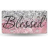 Christian Religious Blessed Pink Glitter Bling Blessed Front License Plate Aluminum Decorative License Plates Funny Metal Car Plate 6"X12" Novelty Vanity Tag Cover with 4 Holes Car Decor Accessory