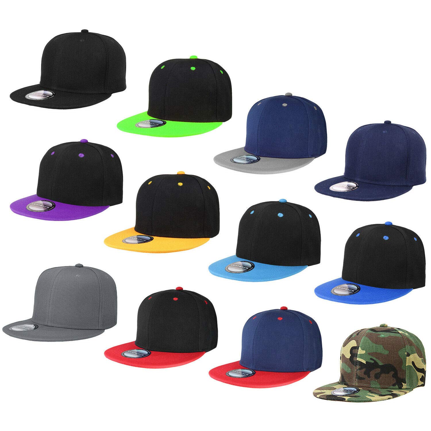 Photo 1 of Falari Wholesale 12 Pack Snapback Hat Cap Hip Hop Style Flat Bill Blank Solid Color Adjustable Size G212-Assorted2